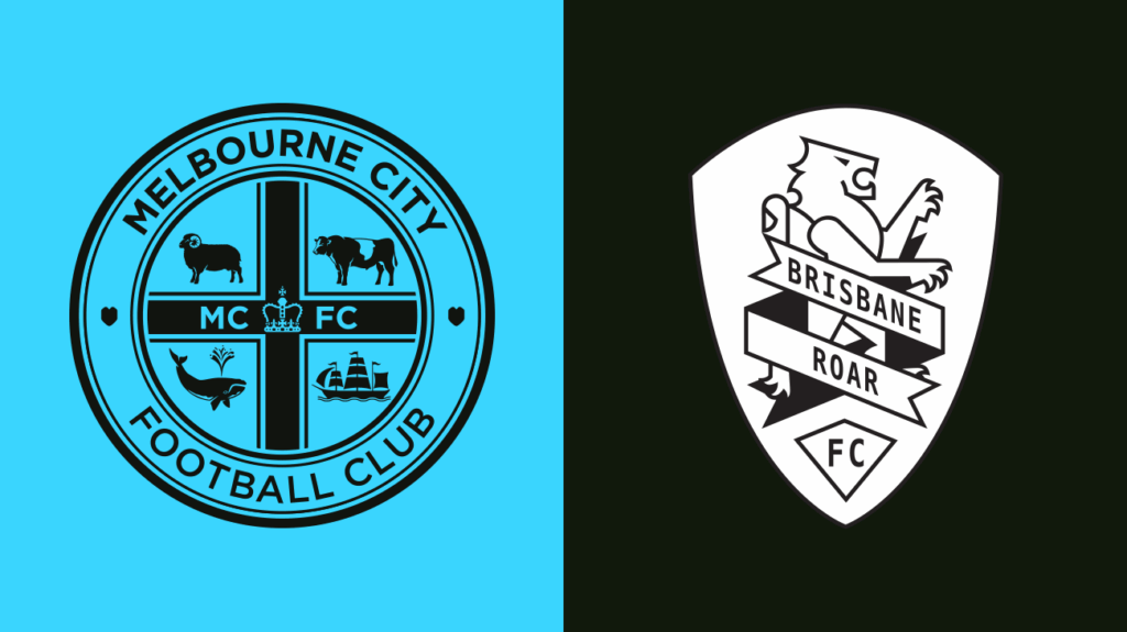 Melbourne City FC and Brisbane Roar logos on a sky blue and black background.