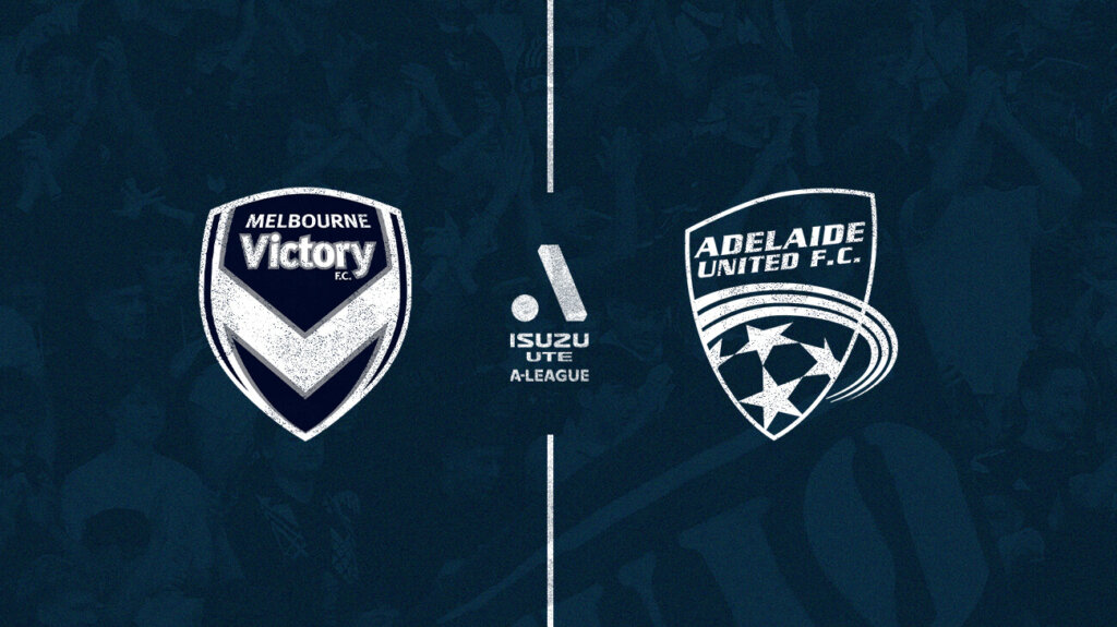 Melbourne Victory and Adelaide United logos on a blue background.