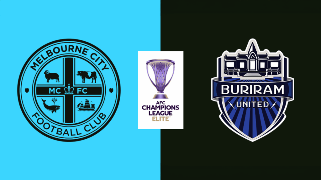 Melbourne City and Buriram United logos on a sky blue and black background.