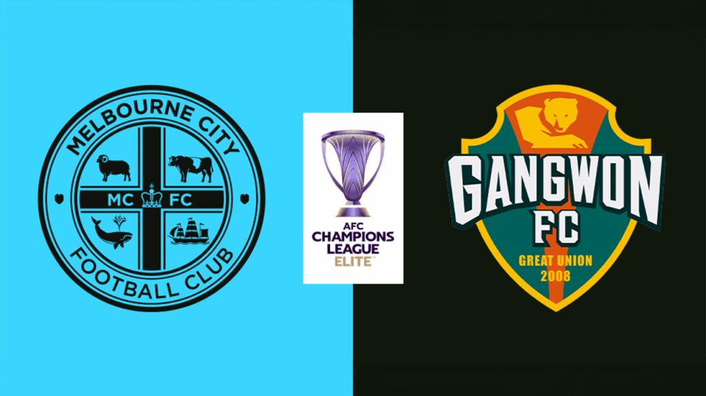 Melbourne City and Gangwon FC logos on a sky blue and black background.