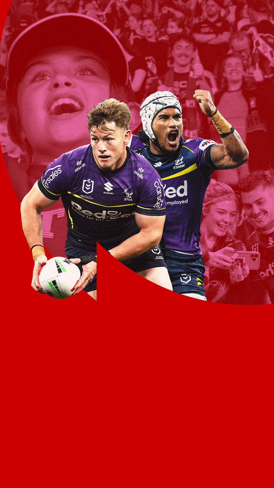 Two rugby league players in action against a red background.