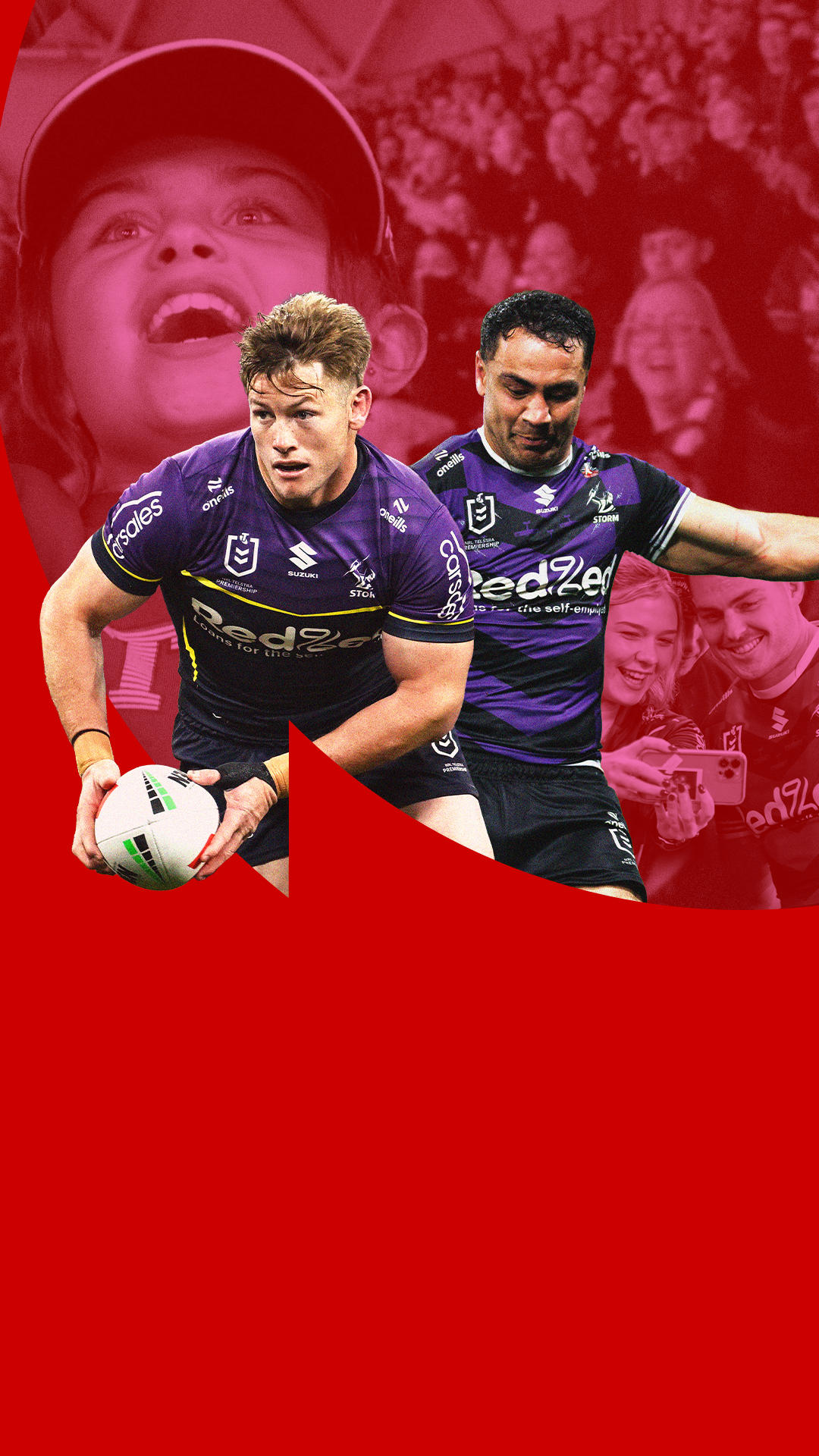 Two rugby league players in action against a red background.
