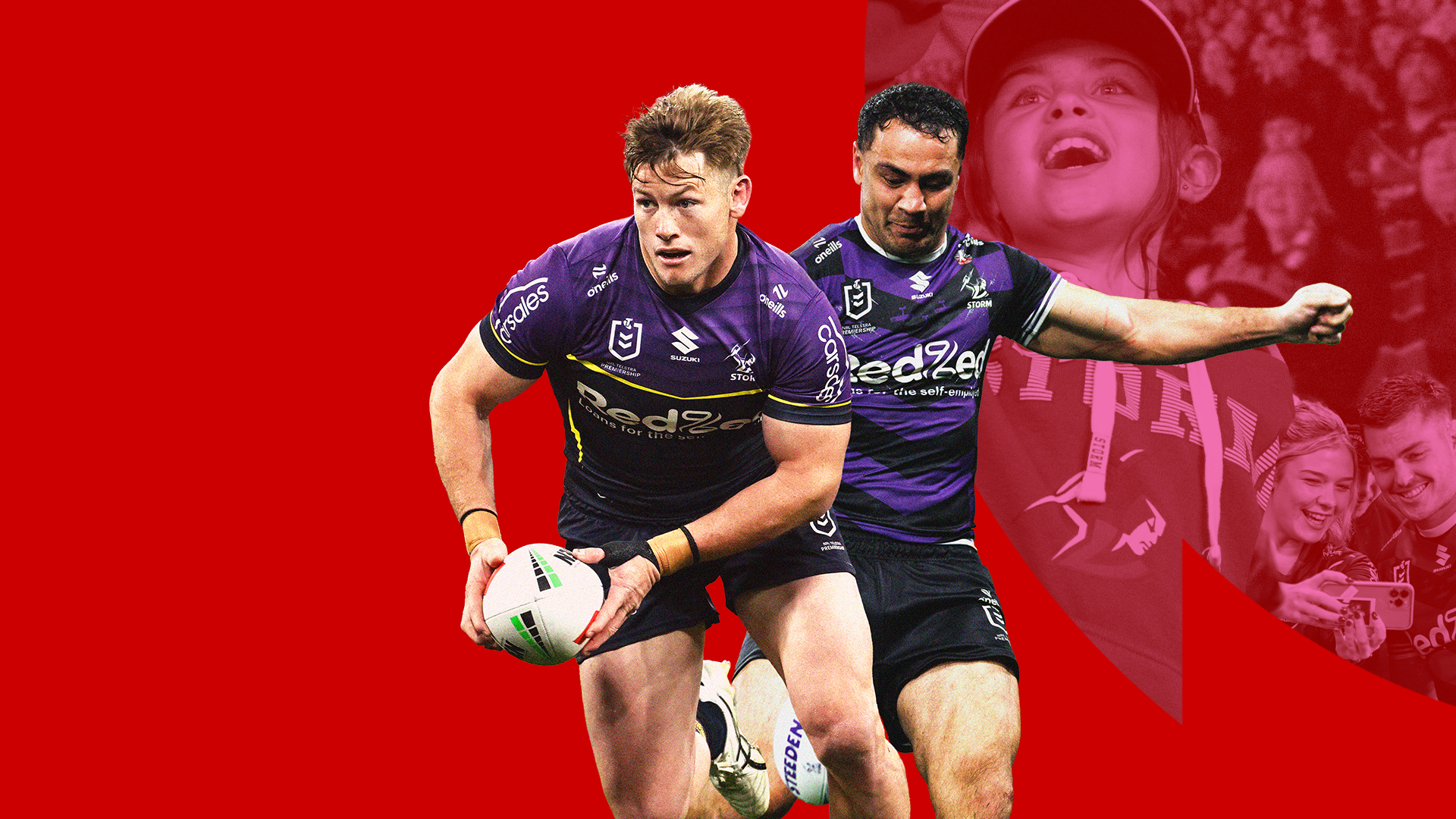 Two rugby league players in action against a red background.