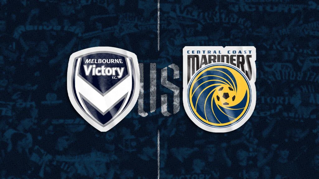 Melbourne Victory and Central Coast Mariners FC logos on a blue background.