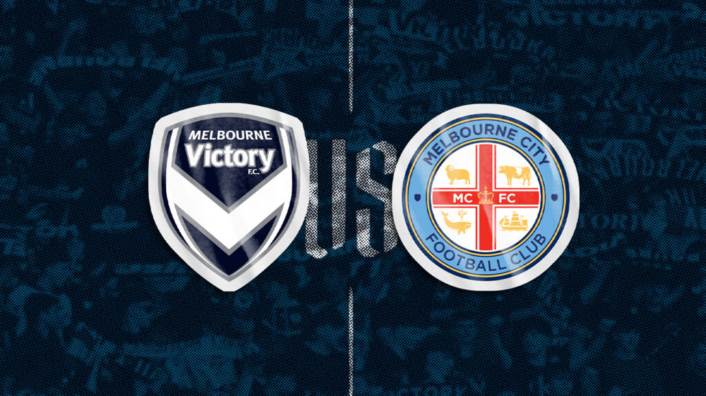Melbourne Victory and Melbourne City FC logos on a blue background.
